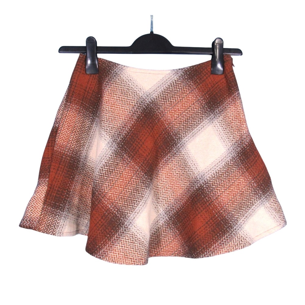 SHE + SKY Brown/Multi PLAID Side Zipper TWILL Preppy MINI A-LINE SKIRT Sz S
